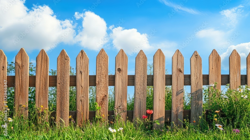 Fototapeta premium Garden fence with green grass and blue sky at summer day, Wooden fence to protect the backyard