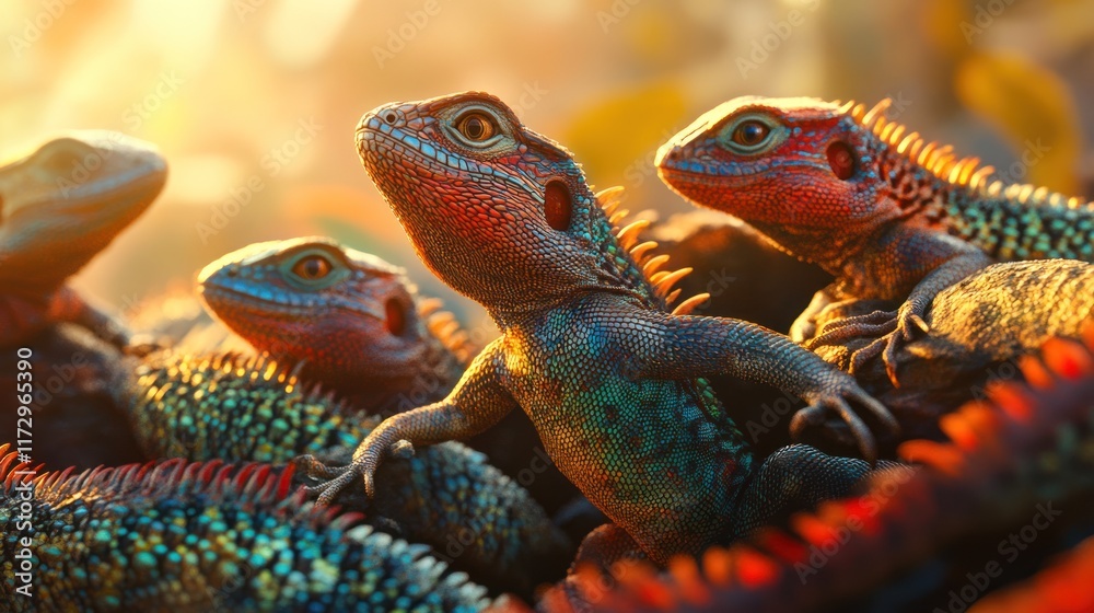 Fototapeta premium A group of colorful lizards basking in warm sunlight, showcasing their vibrant scales.