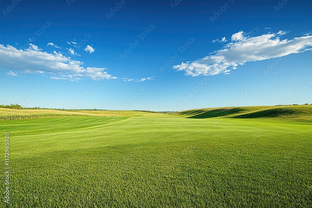 Obraz premium Sprawling green landscape under bright blue sky with fluffy clou