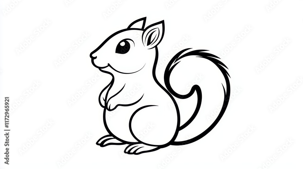 Cute Squirrel Line Art Illustration In Vector Style. Coloring Page For Kids With Animal Cute Squirrel Line Art Illustration In Vector Style. Coloring Page For Kids With Animal