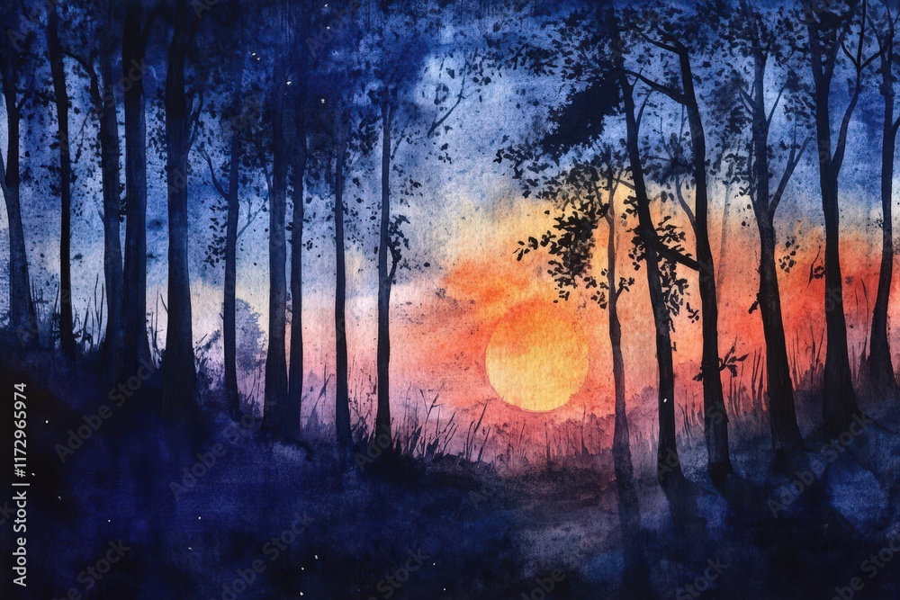 Silhouetted Trees at Sunset in a Dark Forest Silhouetted Trees at Sunset in a Dark Forest