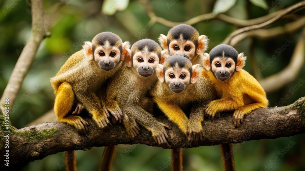 Fototapeta premium A group of five monkeys sitting together on a branch in a lush environment.
