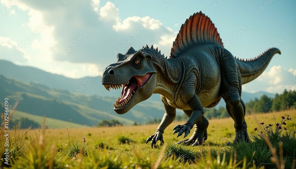 Fototapeta premium Large carnivorous dinosaur with sharp teeth in a grassland environment, wild, render
