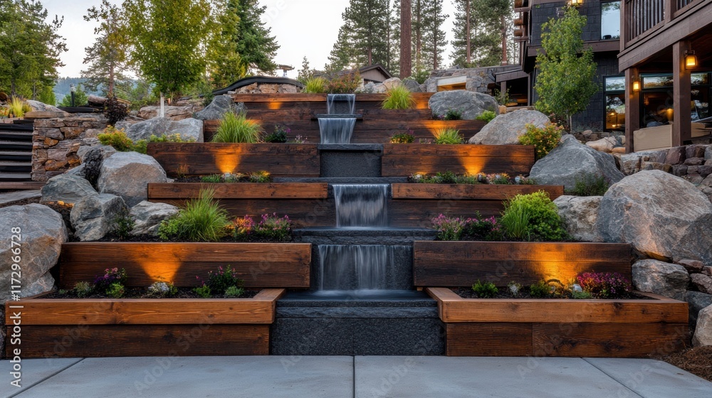 A serene landscaped waterfall with wooden tiers, rocks, and illuminated plants. A serene landscaped waterfall with wooden tiers, rocks, and illuminated plants.
