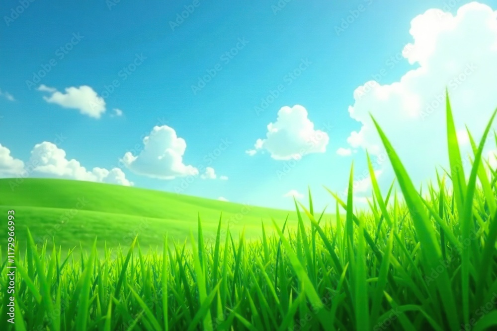 Lush green grass blades sway gently in breeze, nature, blue, sky Lush green grass blades sway gently in breeze, nature, blue, sky