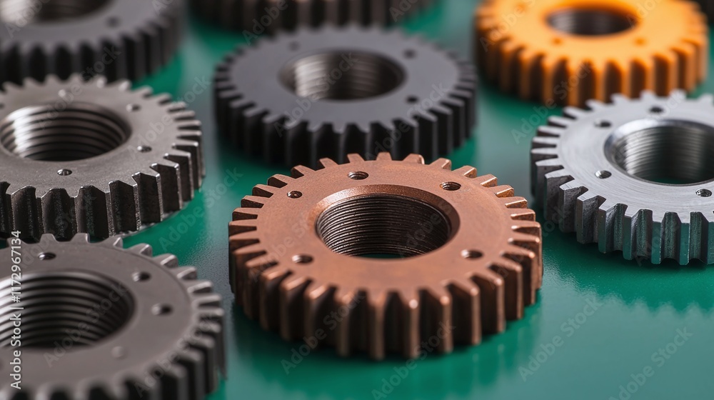 Close-up of various colored metal gears on green background. Close-up of various colored metal gears on green background.