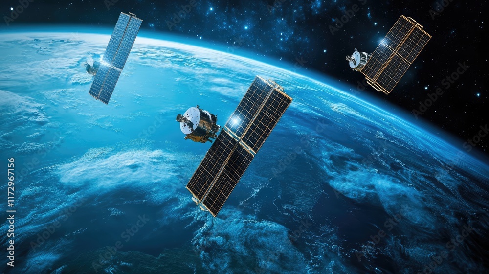 Geostationary satellites aligned over Earth against the backdrop of space Geostationary satellites aligned over Earth against the backdrop of space
