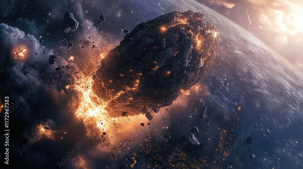 Naklejka premium Giant meteorite impacts on earth, asteroid in collision with earth, comet crash, earth destruction