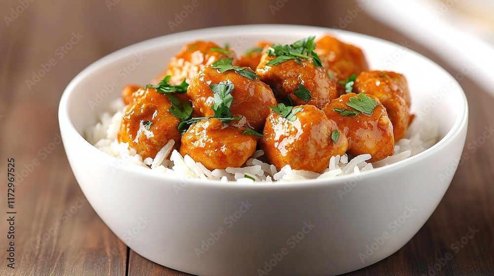 Close-up of chicken curry served over rice in a white bowl. Close-up of chicken curry served over rice in a white bowl.