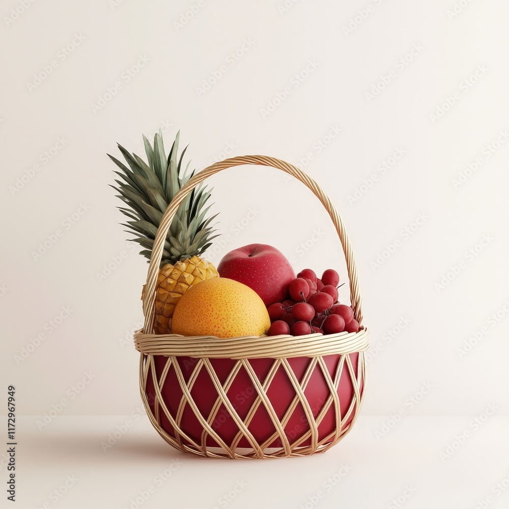 Red and gold gift basket filled with fruits, white backdrop Red and gold gift basket filled with fruits, white backdrop