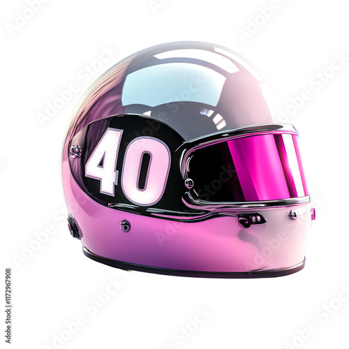 Racing Helmet: A glossy pink racing helmet with the number 40 on its face, epitomizing speed and safety. The design is sleek, capturing the essence of motor racing. 