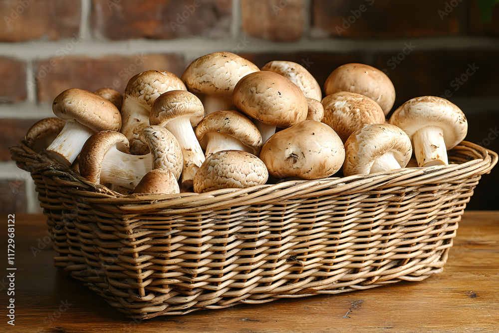 Wicker Tray with a Variety of Raw Mushrooms on a Wooden Table Wicker Tray with a Variety of Raw Mushrooms on a Wooden Table