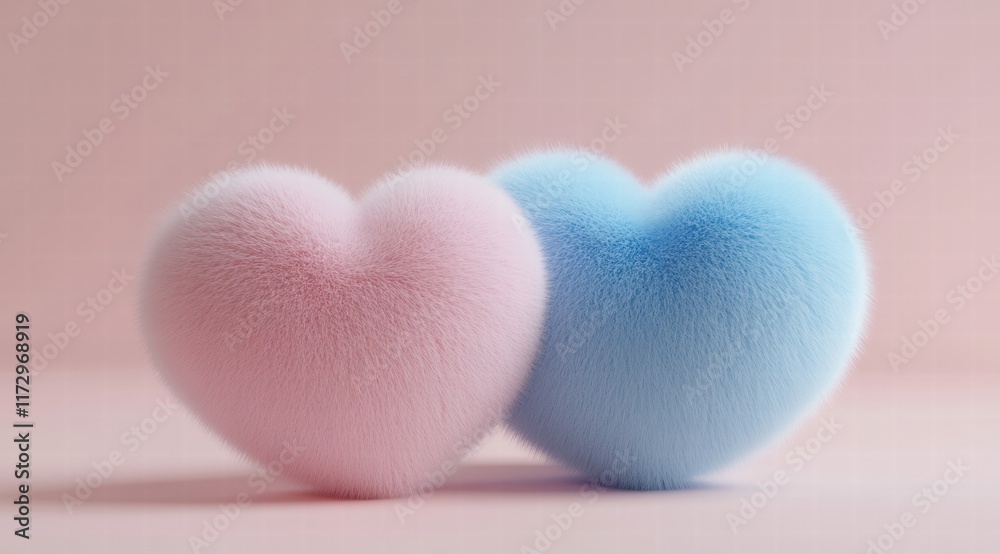 Fototapeta premium 3D rendering of cute pastel blue and pink hearts with soft fur on a light background, a Valentine's Day