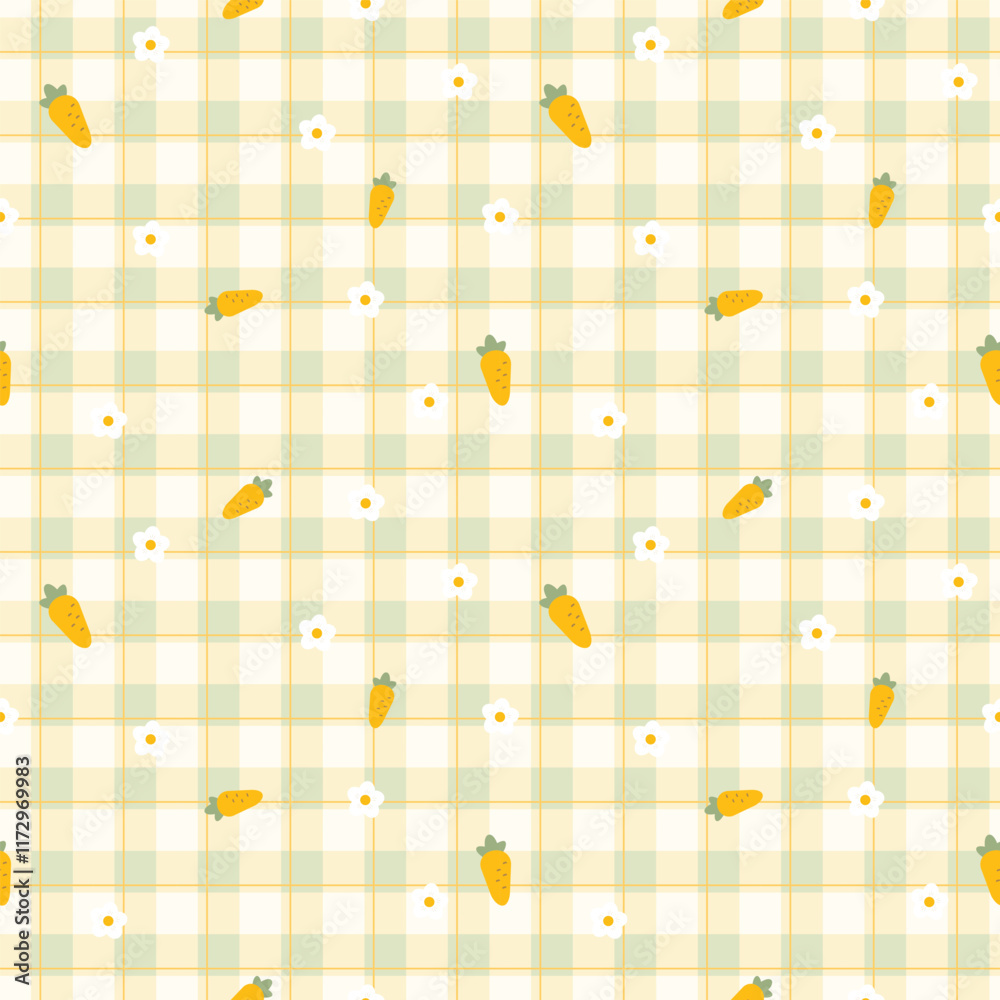 Gingham seamless vector pattern with kawaii carrots. Tartan check for tablecloths, napkins, clothes, packaging, for the Easter holiday. Cozy cute childish. easter color.