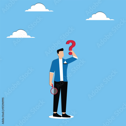 Analyzing and researching questions to find meaning or answers, businessman with a magnifying glass looking at a question mark held in his hand