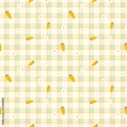Obraz na płótnie Gingham seamless vector pattern with kawaii carrots. Tartan check for tablecloths, napkins, clothes, packaging, for the Easter holiday. Cozy cute childish. easter color. w salonie