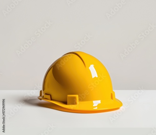 Bright Yellow Hard Hat on Neutral Background for Safety Promotion photo