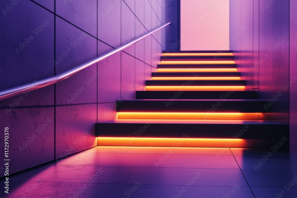 Fototapeta premium Neon Lit Staircase Modern Architectural Design