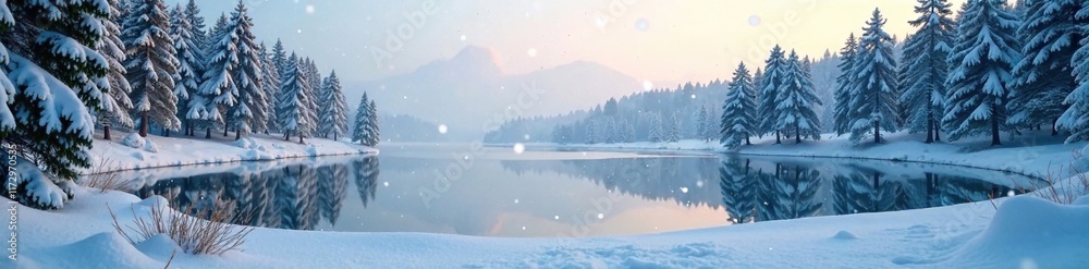 Fototapeta premium Snowflakes gently fall on a frozen lake amidst pine trees, snow covered ground, frozen lake
