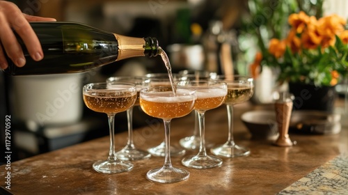 Elegant waiter hand pouring expensive luxury champagne wine into flutes sparkling glasses. Festive lights sparkle, cozy atmosphere of celebration party. Holiday gatherings. photo
