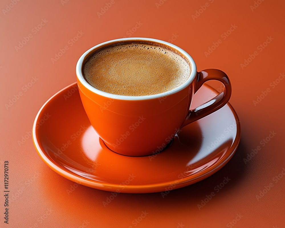 A vibrant orange coffee cup on a saucer. A vibrant orange coffee cup on a saucer.