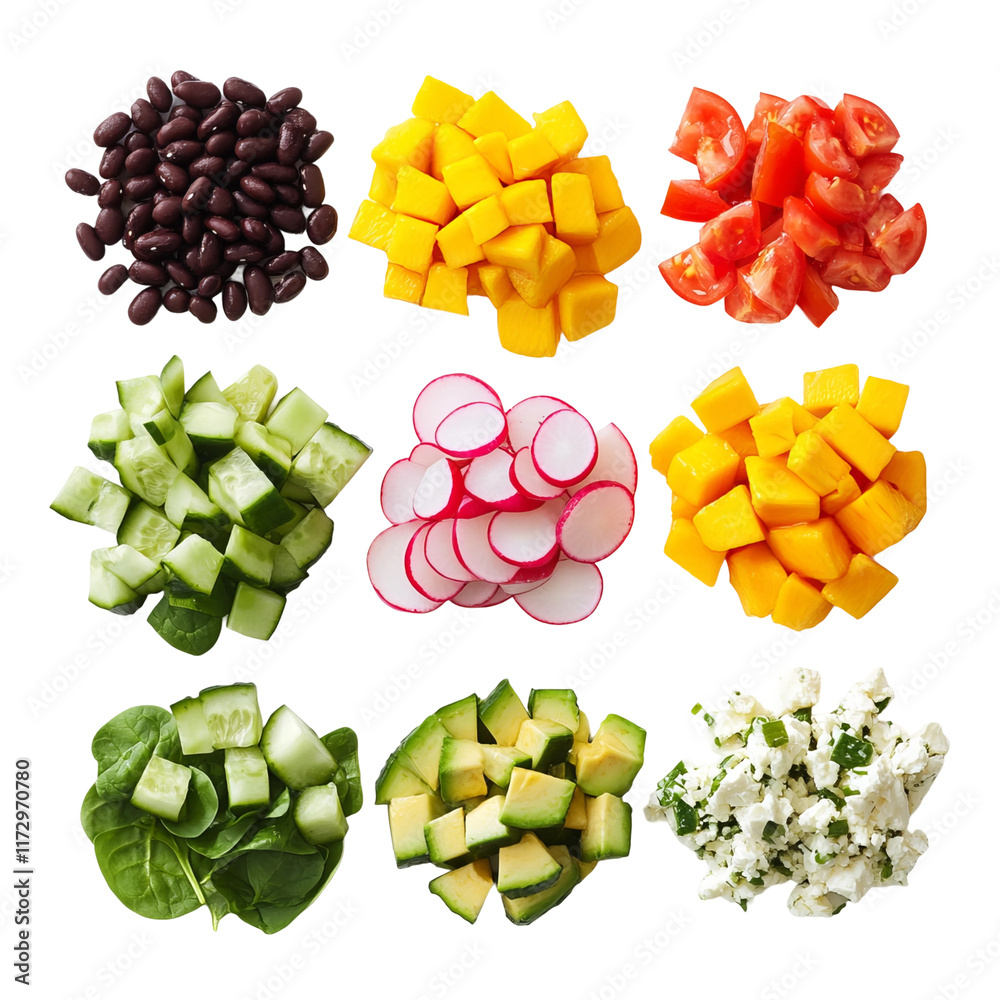 assorted diced vegetables and beans in separate piles isolated on a white background