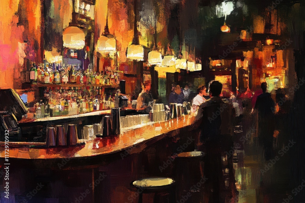 Artfully illustrated bar in a lively and inviting atmosphere. Artfully illustrated bar in a lively and inviting atmosphere.