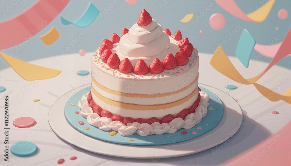 Strawberry whipped cream cake with festive decorations. Strawberry whipped cream cake with festive decorations.