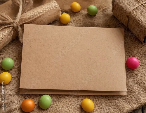 Colorful Easter eggs surround a blank kraft paper card and adorned gifts, creating a festive spring ambiance. photo