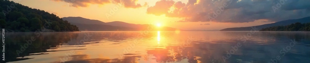 Superior Lake's tranquil waters glow with warm sunlight, water, light, sunset Superior Lake's tranquil waters glow with warm sunlight, water, light, sunset