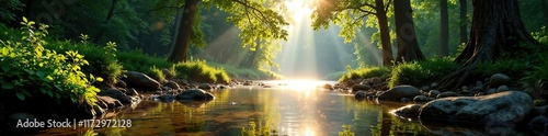 Sunlit riverbed flanked by tall trees and lush undergrowth, water, calm, sunlight photo