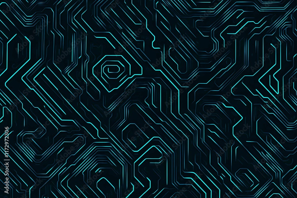 Obraz premium Abstract close-up of a glowing blue digital circuit board, showcasing intricate connections and technological design on a black background. 