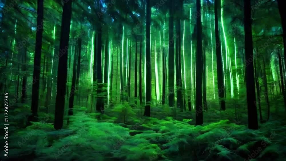 A dense forest of glowing trees, each symbolizing a part of a big data cloud. The largest tree serves as the central hub, radiating green energy, 4k High-Quality background animation video