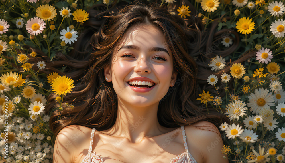 Happy young woman with long brown hair lying on a field of chamomile flowers smiling and enjoying the sunny summer day, embracing the beauty of nature. Happy young woman with long brown hair lying on a field of chamomile flowers smiling and enjoying the sunny summer day, embracing the beauty of nature.