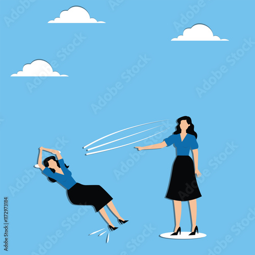 Exit hurtful, hurtful words or rumors, hatred, racism, workplace bullying, bureaucracy, manager pointing at a businesswoman and cursing him out