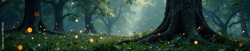 Fototapeta premium Twinkling fireflies dance around ancient tree trunks, natural light, misty atmosphere, undergrowth