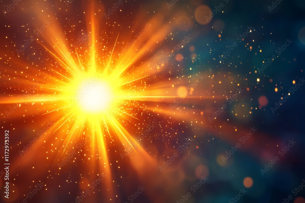 Golden light beams shining through particles on dark background Golden light beams shining through particles on dark background
