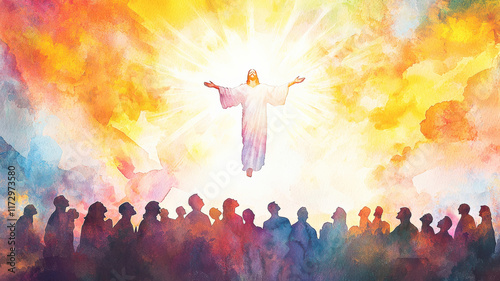 A radiant watercolor of the Ascension of Christ, with glowing rays lifting Him into the sky above a gathering of disciples, symbolizing divine elevation, faith, and spiritual triumph.