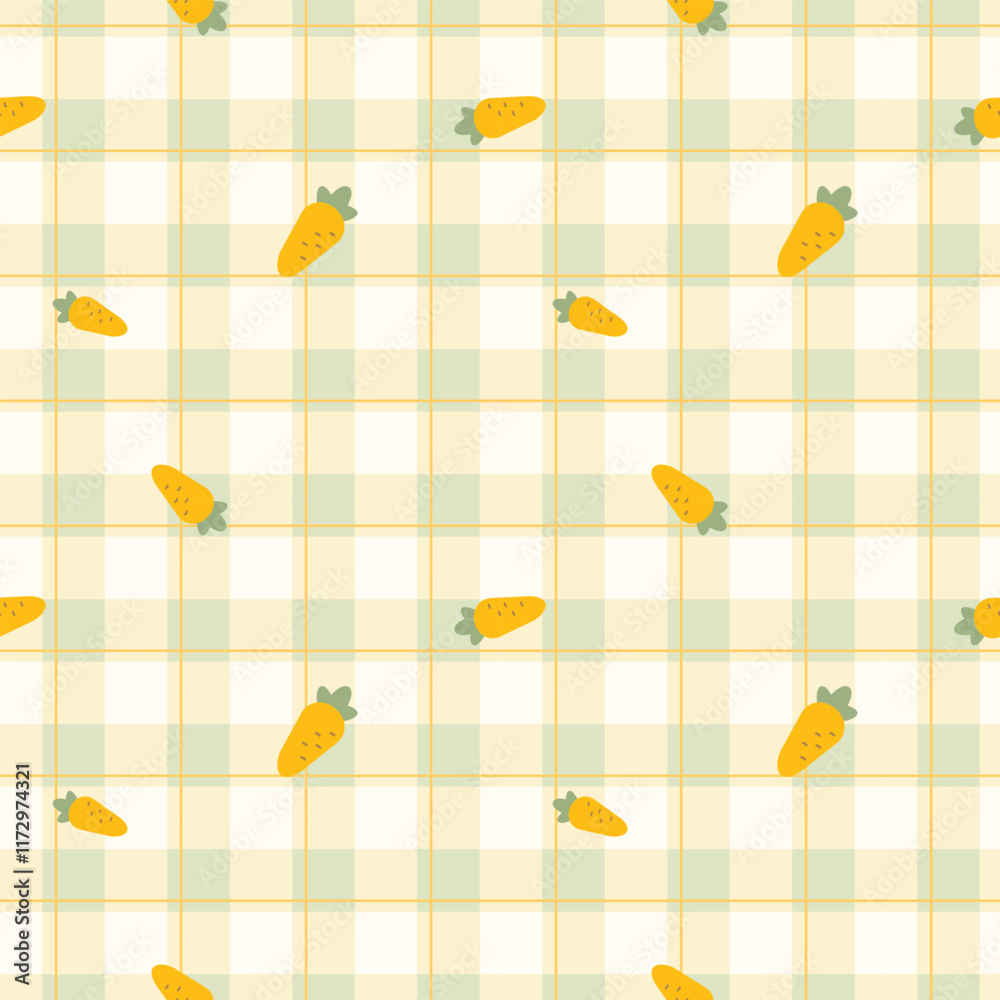 Gingham seamless vector pattern with kawaii carrots. Tartan check for tablecloths, napkins, clothes, packaging, for the Easter holiday. Cozy cute childish. easter color.