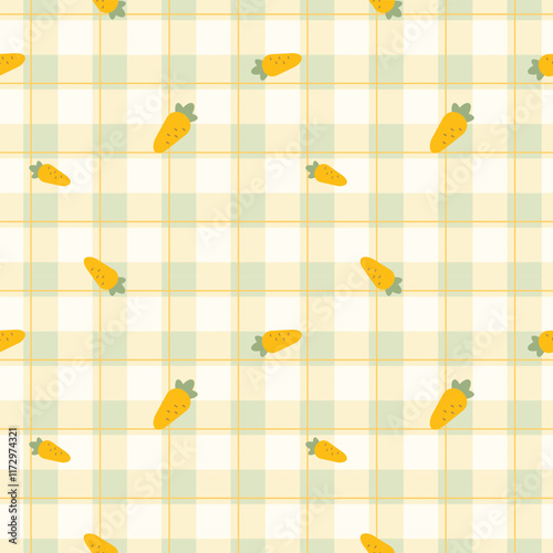 Obraz na płótnie Gingham seamless vector pattern with kawaii carrots. Tartan check for tablecloths, napkins, clothes, packaging, for the Easter holiday. Cozy cute childish. easter color. w salonie
