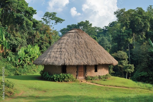Traditional indigenous hut nestled in the lush amazon rainforest photo