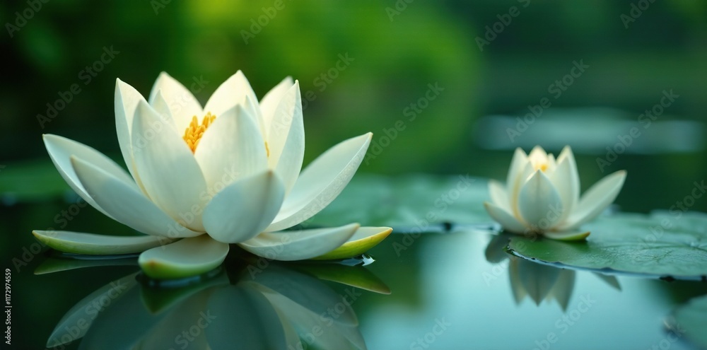 White lotus and water lily in a peaceful pond, nature, water White lotus and water lily in a peaceful pond, nature, water