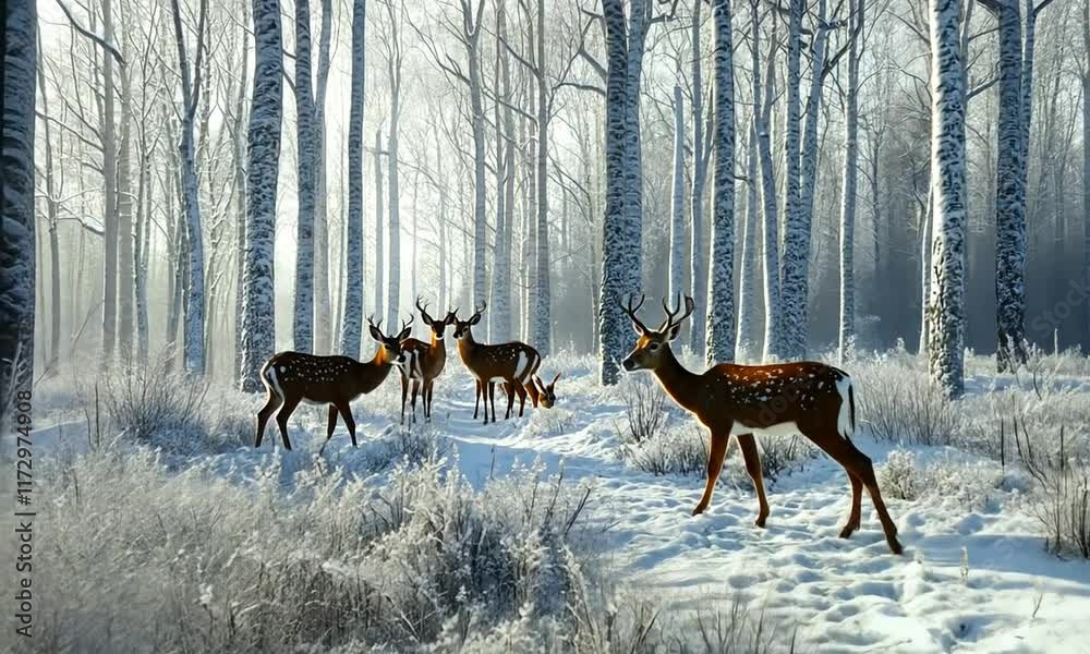 Spotted Deer Grazing in a Snowy Birch Forest Spotted Deer Grazing in a Snowy Birch Forest