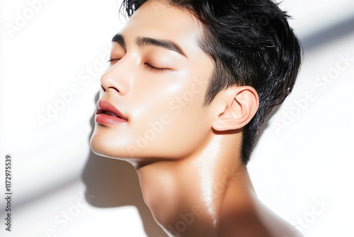 Close-Up Portrait of Japanese Male Model for Skincare Advertisement, Studio Shot on White Background