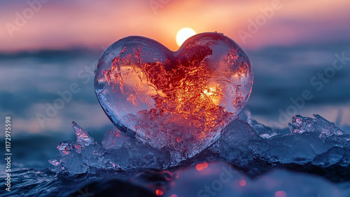 red ice heart in the middle of glacier on sunset, cold love romance dislike indifference rejection concept photo