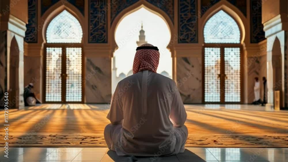 A man sits cross-legged praying inside a mosque built with ornaments A man sits cross-legged praying inside a mosque built with ornaments