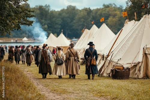 Medieval soldiers walking back to camp after battle in historical reenactment photo