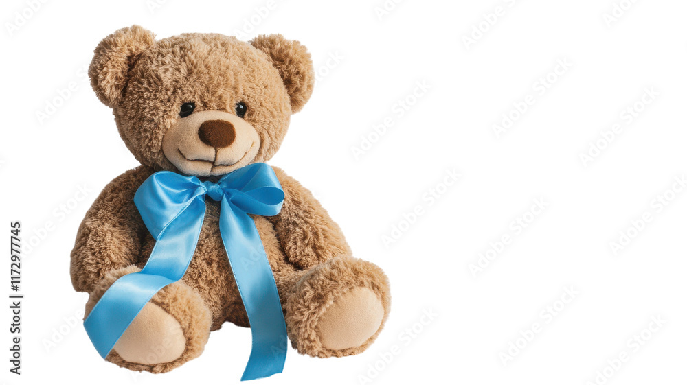 A Soft Plush Teddy Bear with a Blue Ribbon Perfect for Gifting to Loved Ones, Decor or Kids' Room.