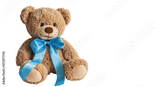 Obraz na płótnie A Soft Plush Teddy Bear with a Blue Ribbon Perfect for Gifting to Loved Ones, Decor or Kids' Room. w salonie