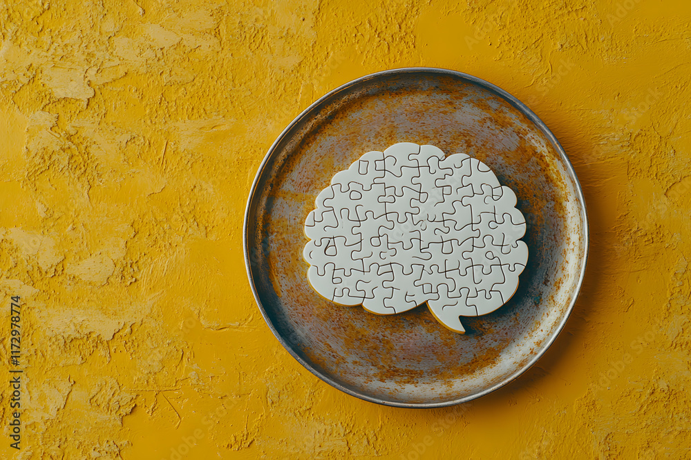 White Puzzle Brain on Yellow Background Representing Creativity and Problem Solving White Puzzle Brain on Yellow Background Representing Creativity and Problem Solving